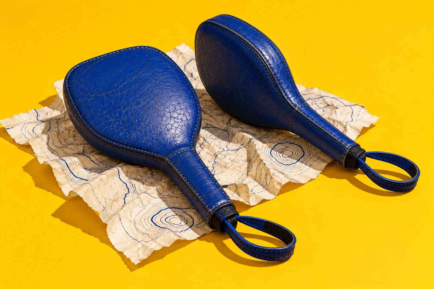 Twee blauwe leren bokspaddles met polslussen op een papieren landkaart