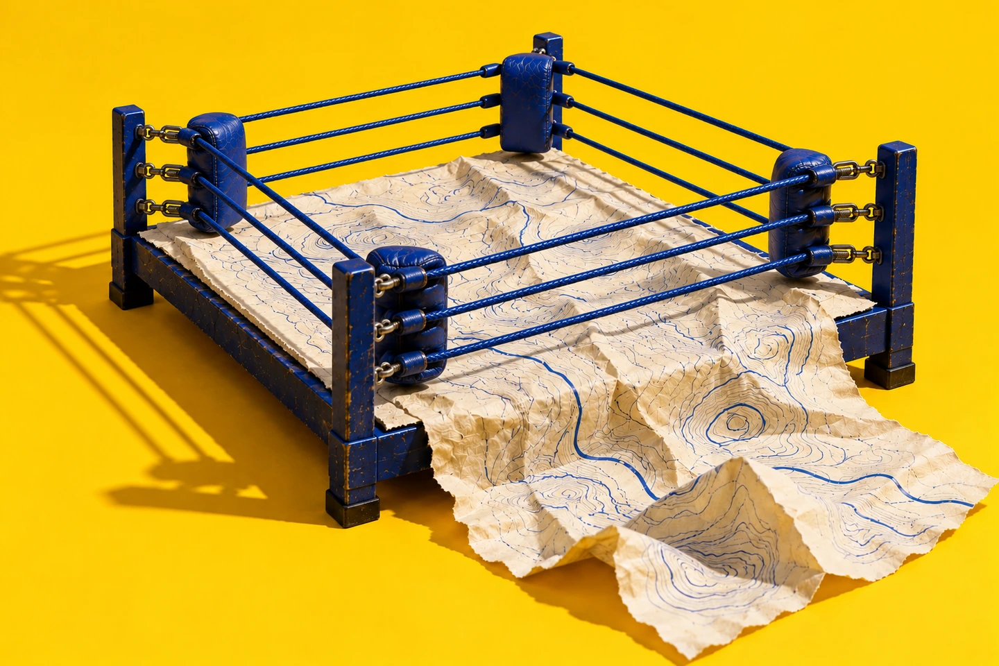 Een blauwe boksring waarvan de vloer overgaat in een papieren landkaart